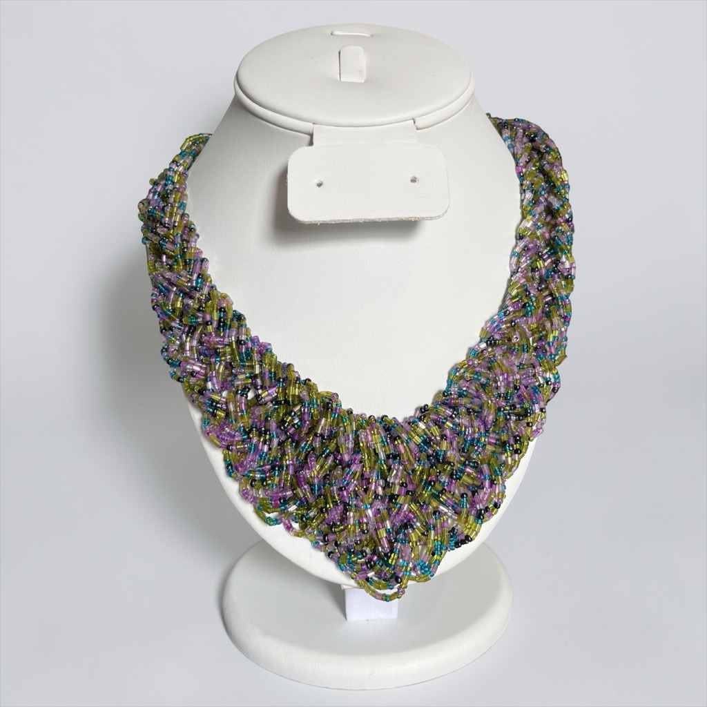 Handmade Purple And Green Seed Bead Glass Woven Necklace Cc